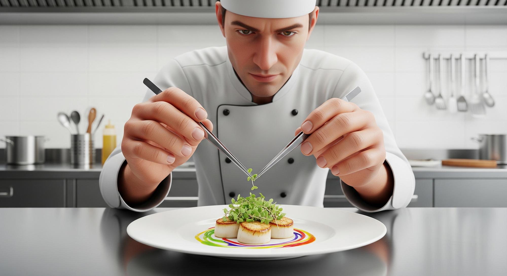Chef arranging a futuristic plated dish in a modern kitchen